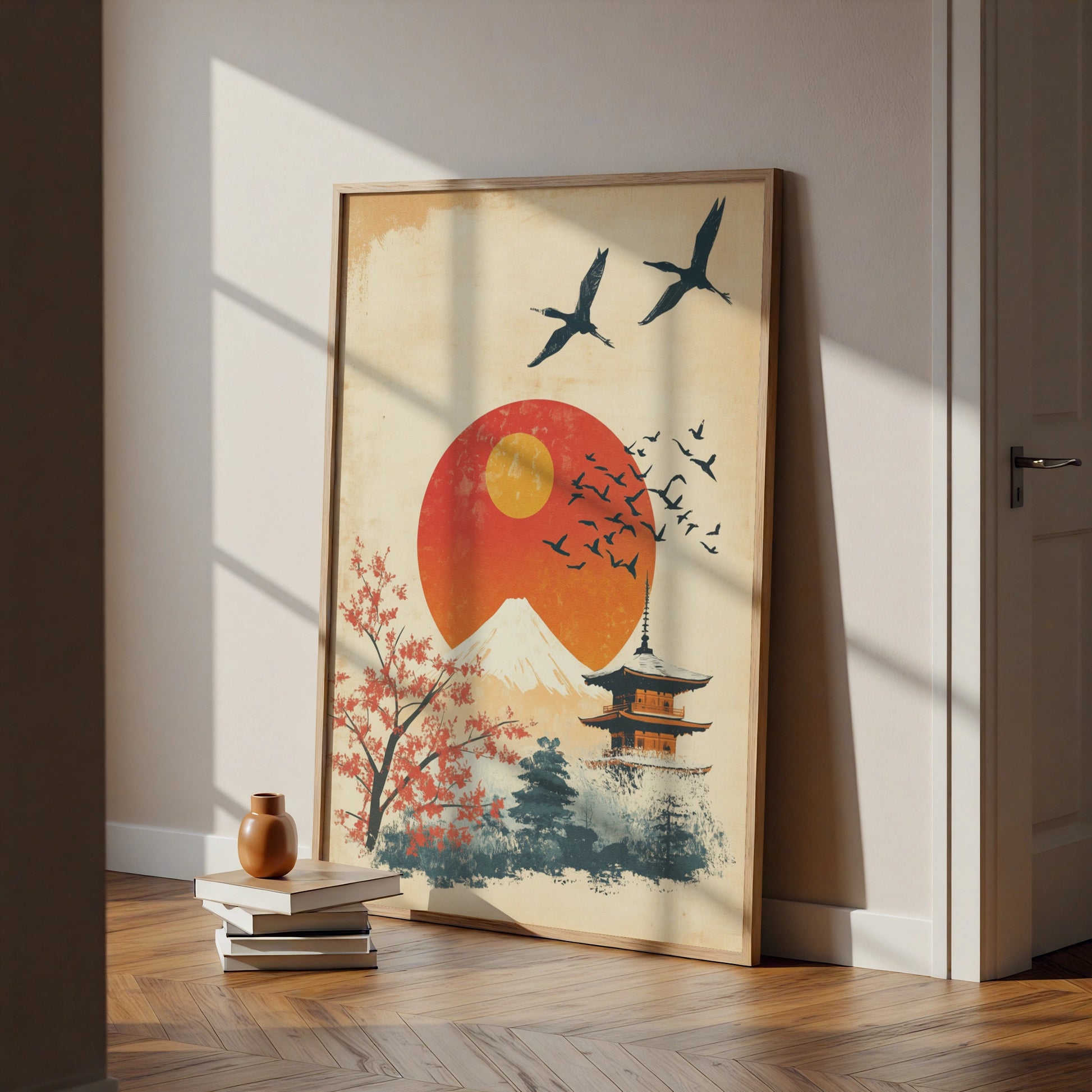 Japan Travel Poster, Mount Fuji Pagoda Wall Art, Vintage Japanese Sun Print