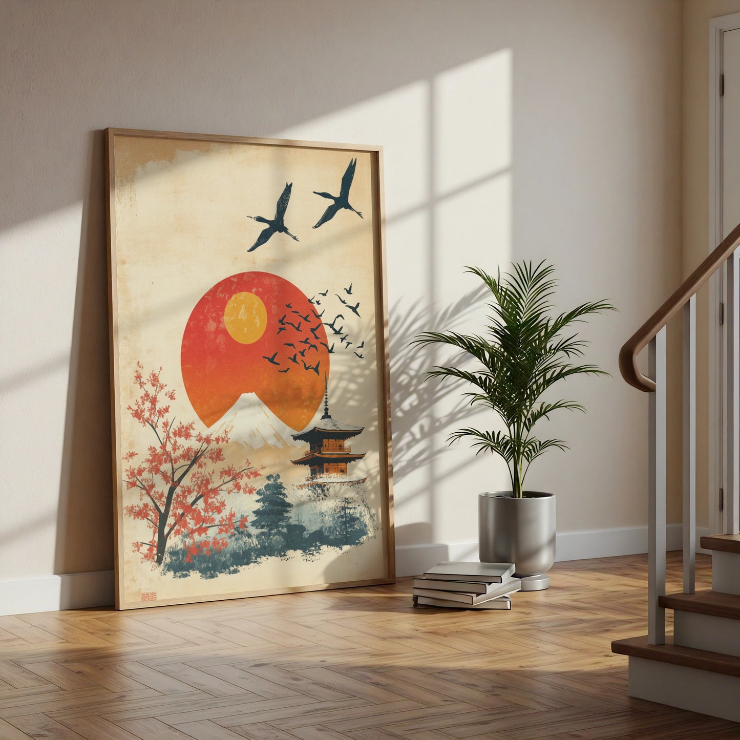 Japan Travel Poster, Mount Fuji Pagoda Wall Art, Vintage Japanese Sun Print