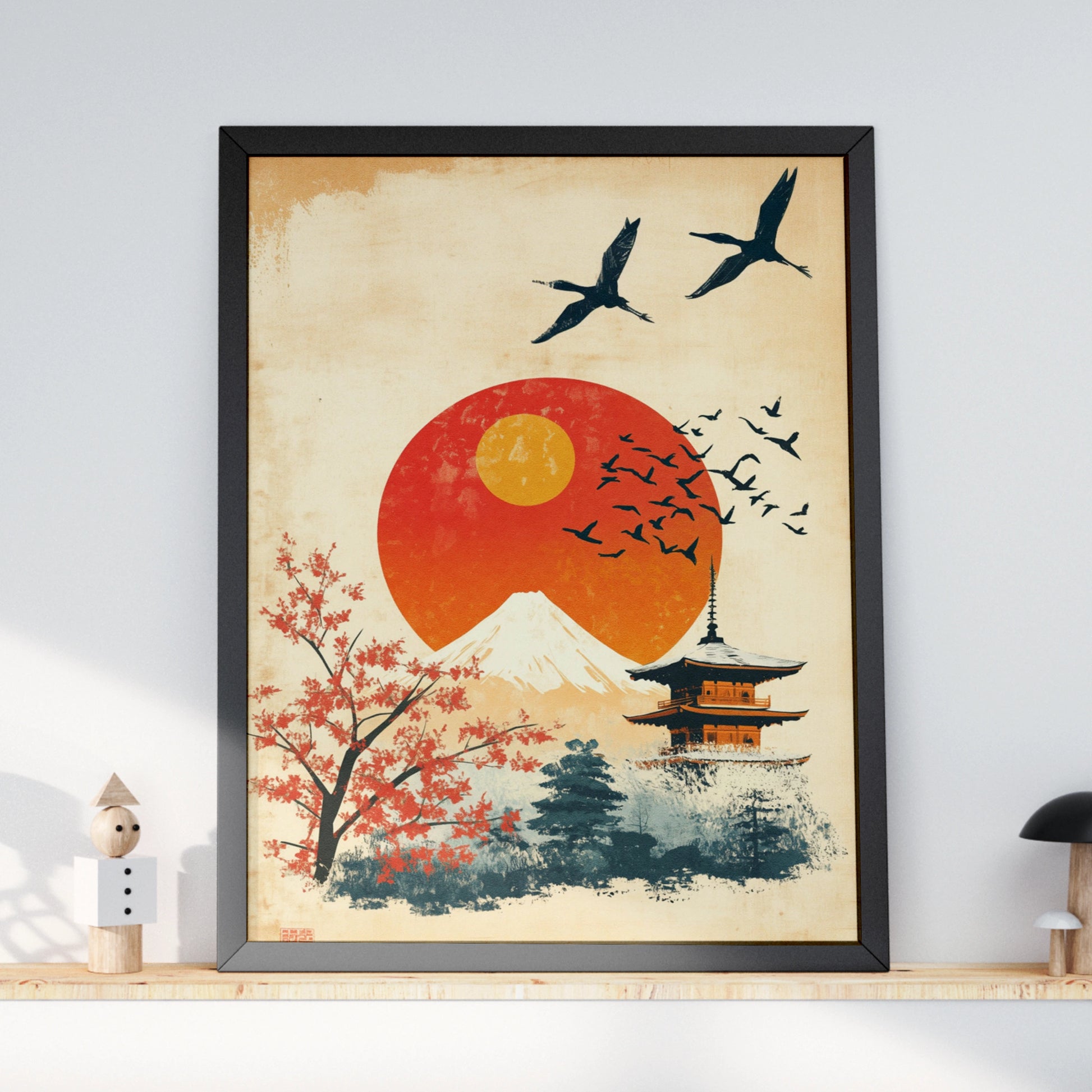 Japan Travel Poster, Mount Fuji Pagoda Wall Art, Vintage Japanese Sun Print