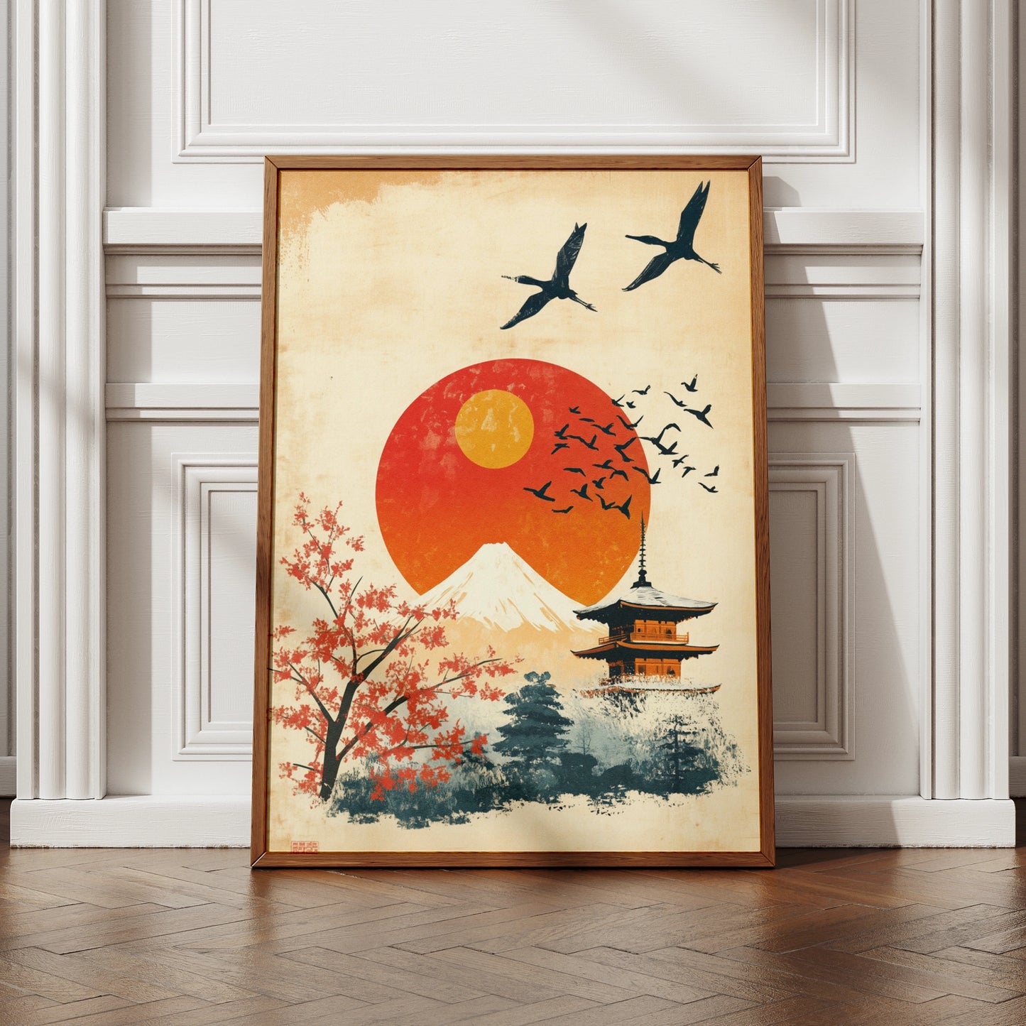 Japan Travel Poster, Mount Fuji Pagoda Wall Art, Vintage Japanese Sun Print