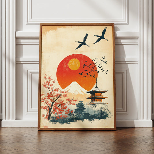 Japan Travel Poster, Mount Fuji Pagoda Wall Art, Vintage Japanese Sun Print