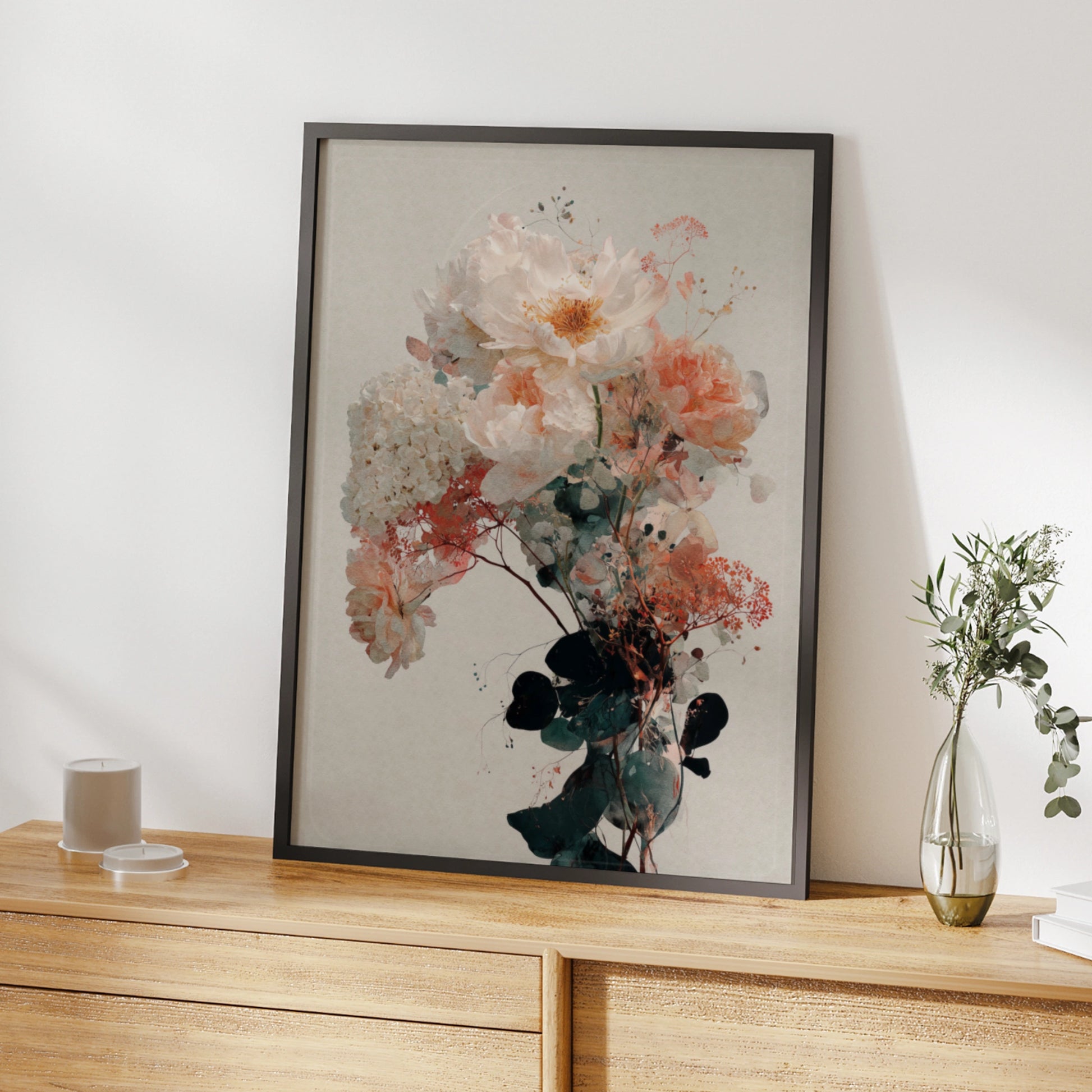 Peony Bouquet Floral Poster, Watercolour Botanical Wall Art, Blush Pink Rose Print