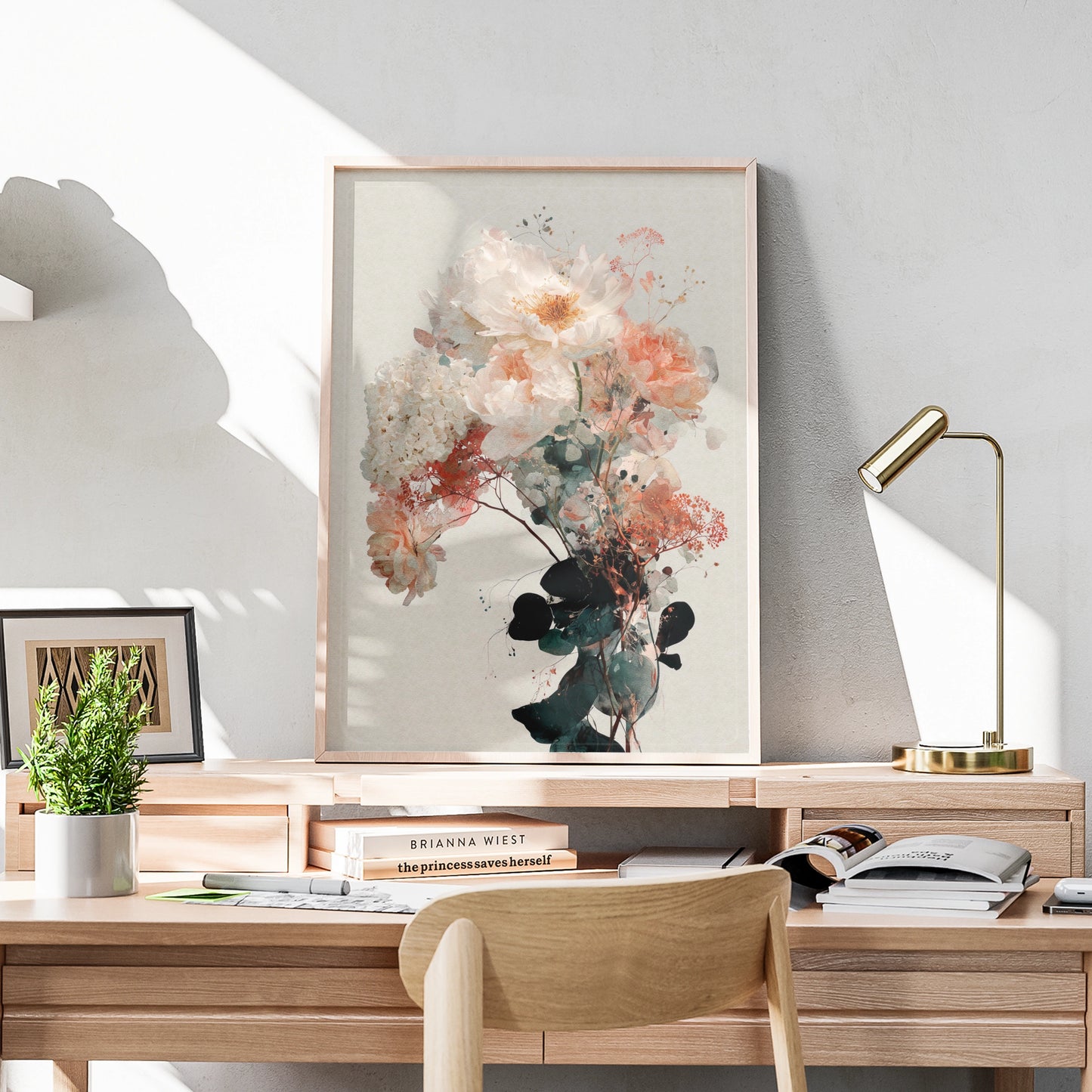 Peony Bouquet Floral Poster, Watercolour Botanical Wall Art, Blush Pink Rose Print