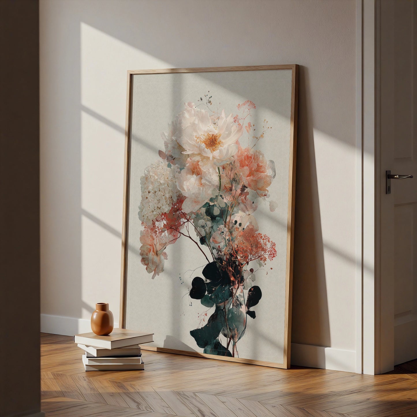 Peony Bouquet Floral Poster, Watercolour Botanical Wall Art, Blush Pink Rose Print