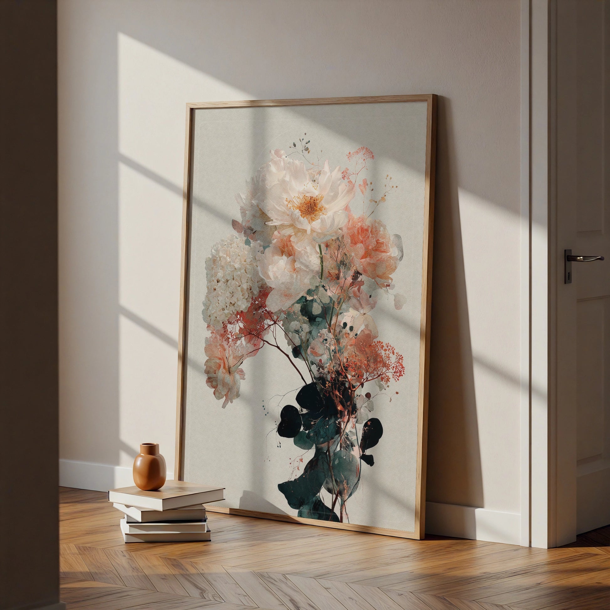 Peony Bouquet Floral Poster, Watercolour Botanical Wall Art, Blush Pink Rose Print