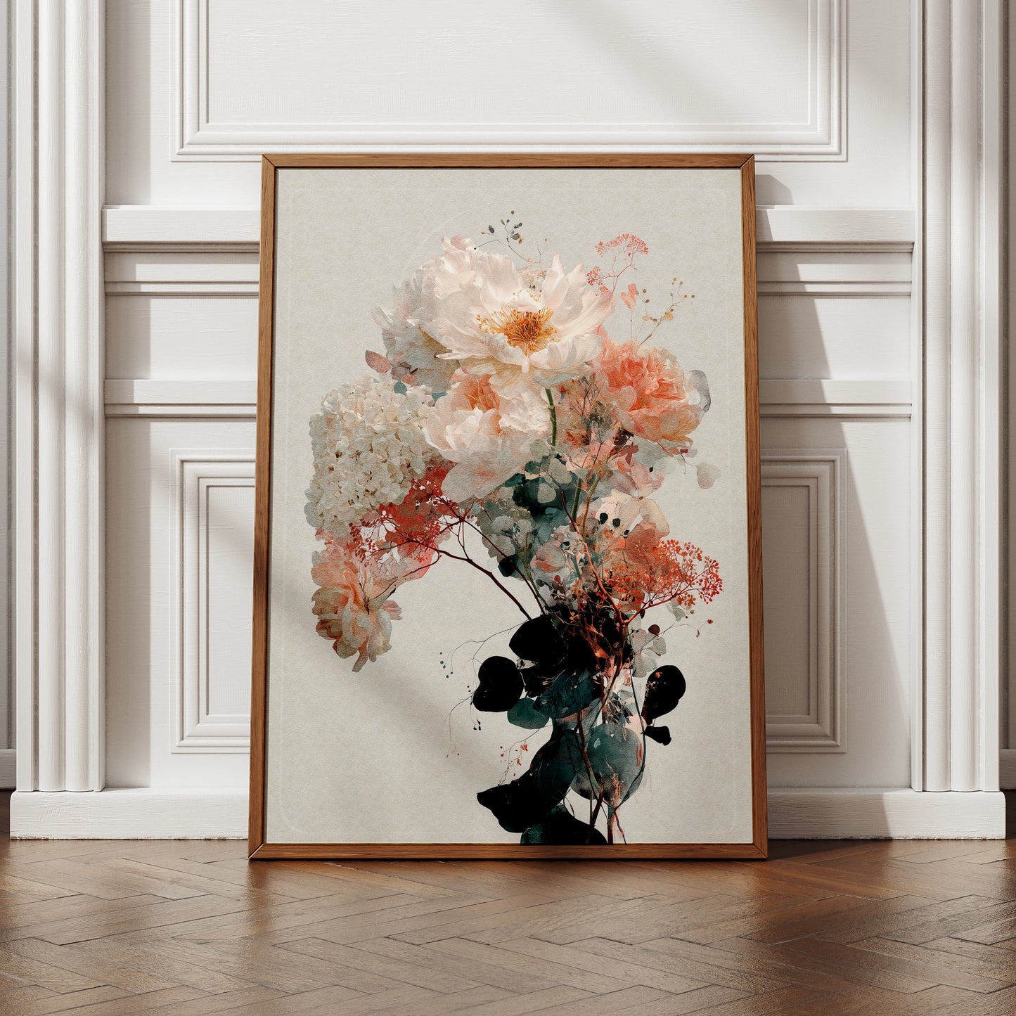 Peony Bouquet Floral Poster, Watercolour Botanical Wall Art, Blush Pink Rose Print