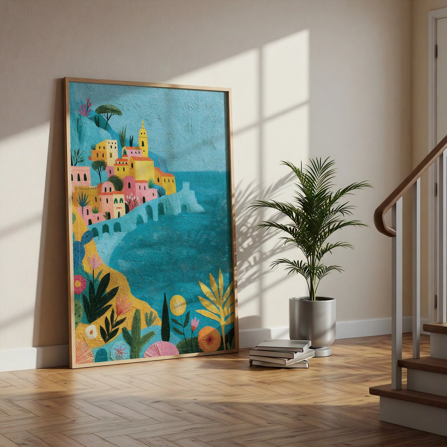 Italian Coastal Village Poster, Amalfi Coast Wall Art, Colourful Mediterranean Print