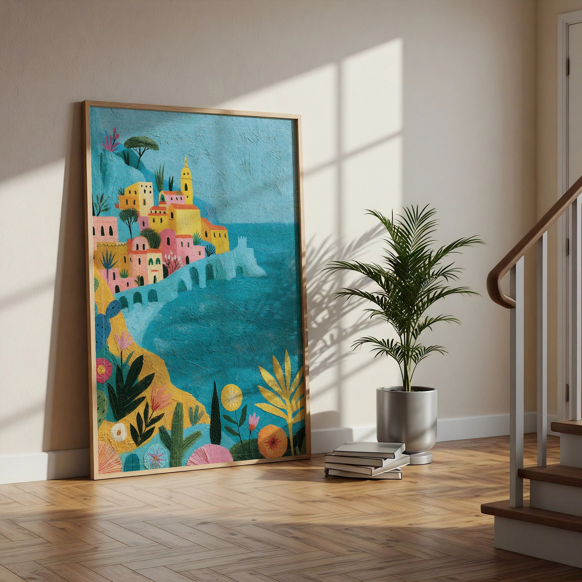 Italian Coastal Village Poster, Amalfi Coast Wall Art, Colourful Mediterranean Print
