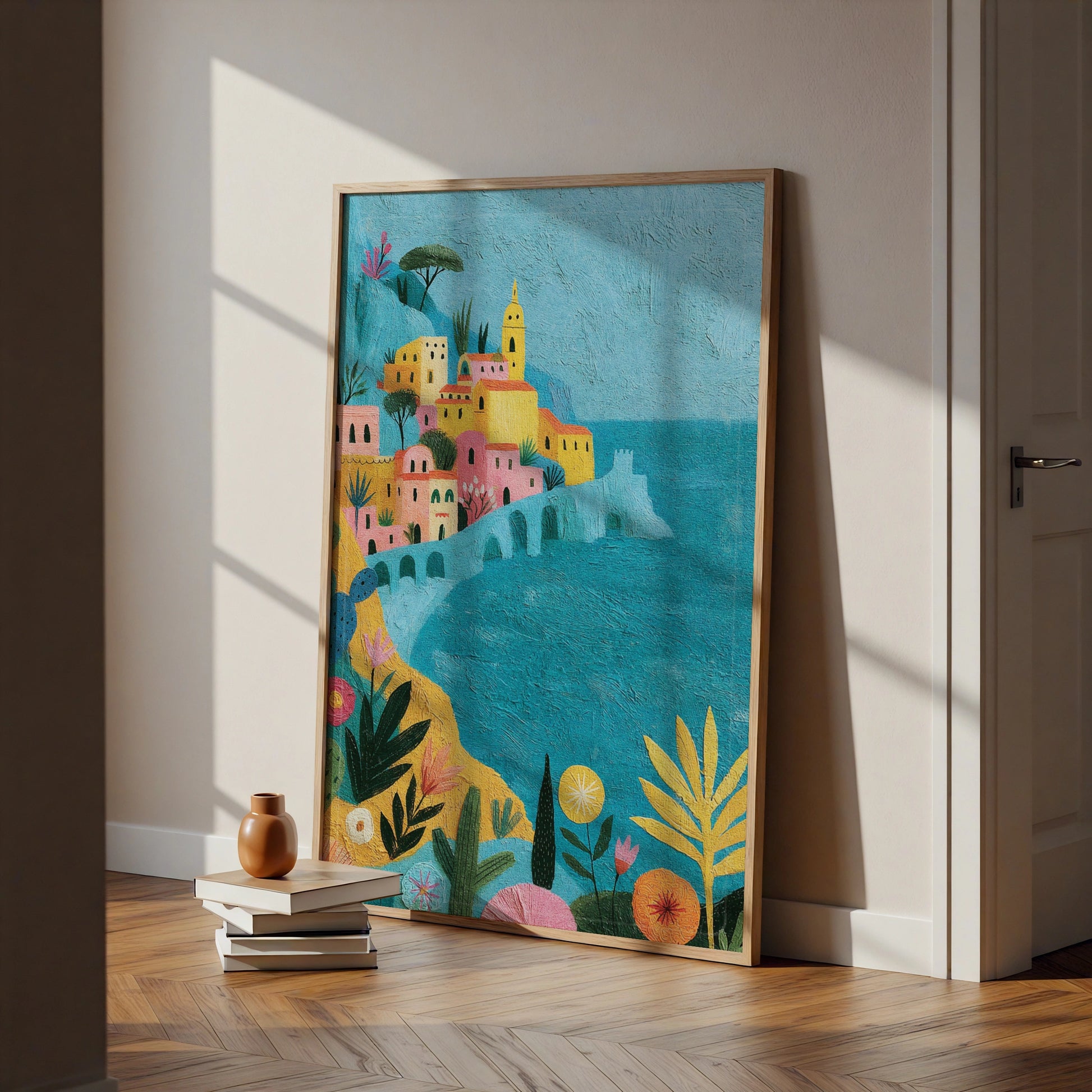 Italian Coastal Village Poster, Amalfi Coast Wall Art, Colourful Mediterranean Print