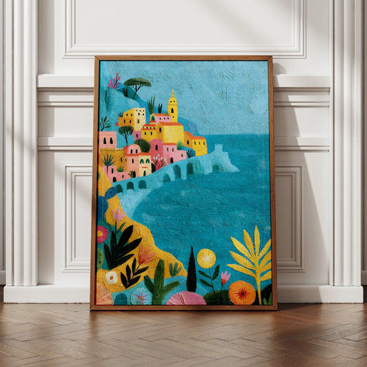 Italian Coastal Village Poster, Amalfi Coast Wall Art, Colourful Mediterranean Print