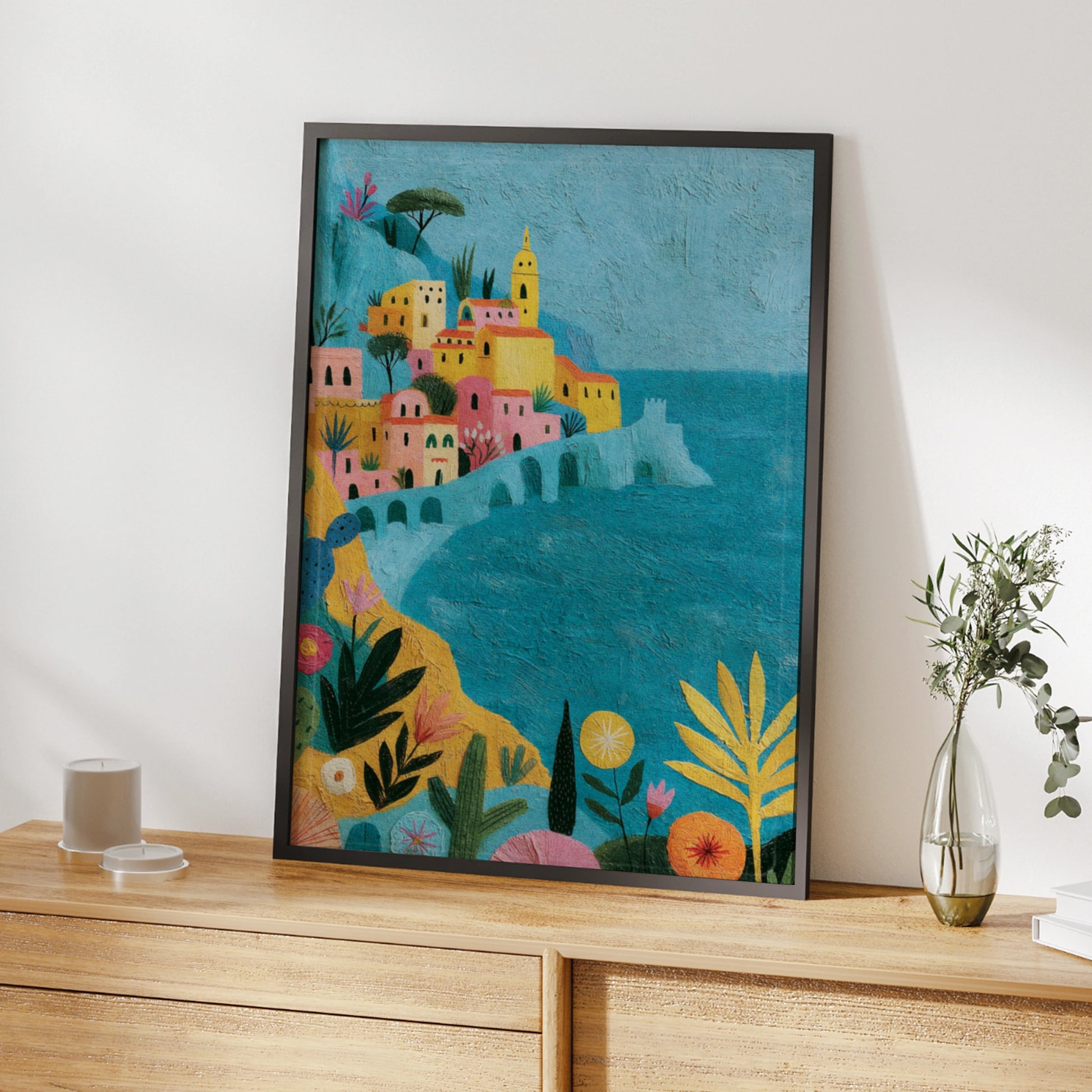 Italian Coastal Village Poster, Amalfi Coast Wall Art, Colourful Mediterranean Print