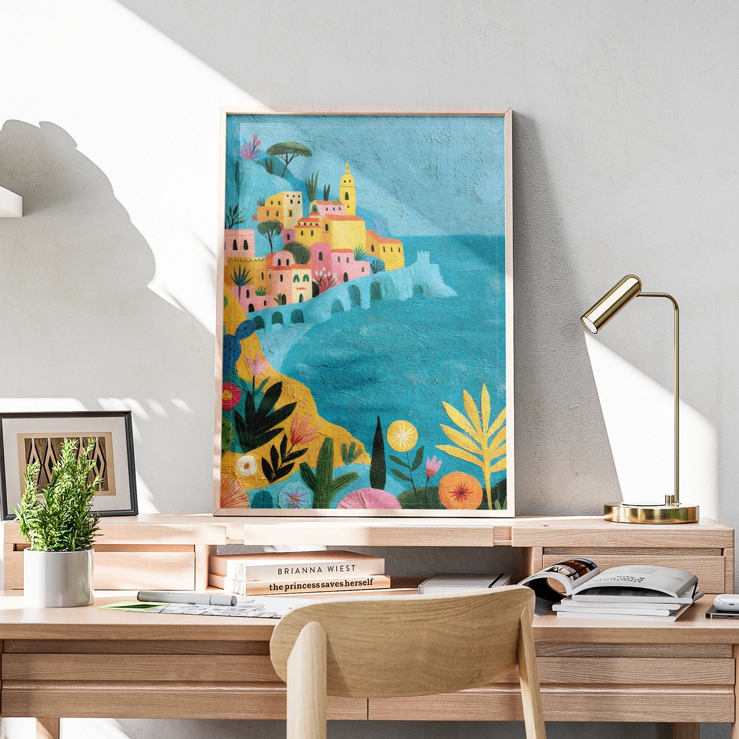 Italian Coastal Village Poster, Amalfi Coast Wall Art, Colourful Mediterranean Print