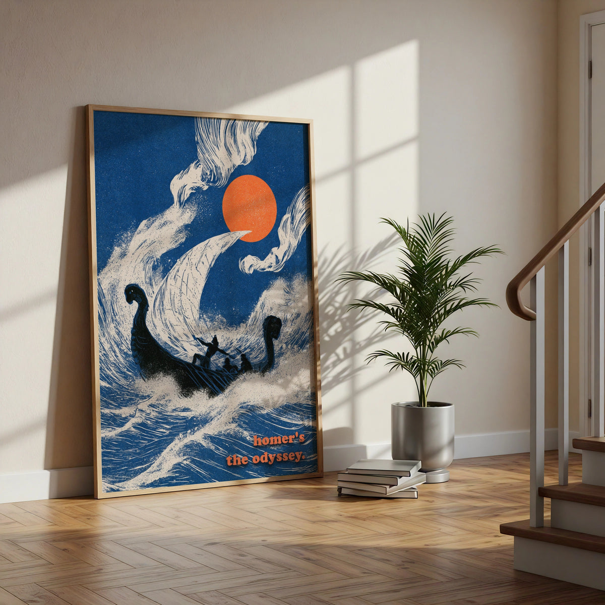 Homer's Odyssey Poster, Greek Mythology Wall Art, Ancient Greek Literature Print, Navy Blue Orange Decor