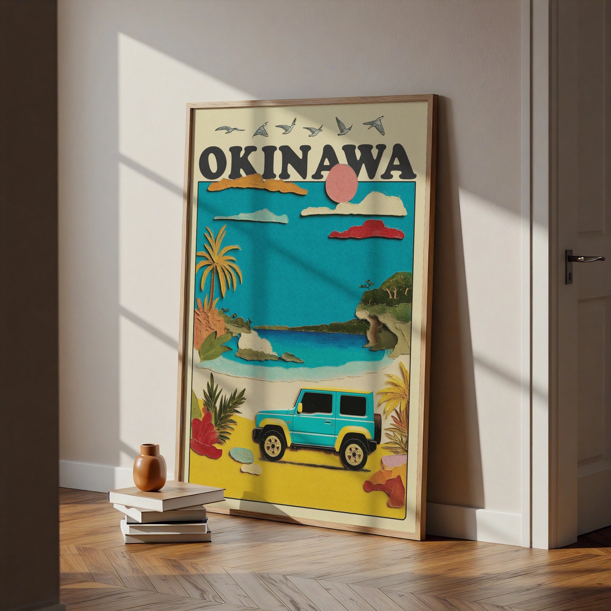 Okinawa Travel Poster, Japan Beach Wall Art, Retro Jeep Print, Tropical Island Decor