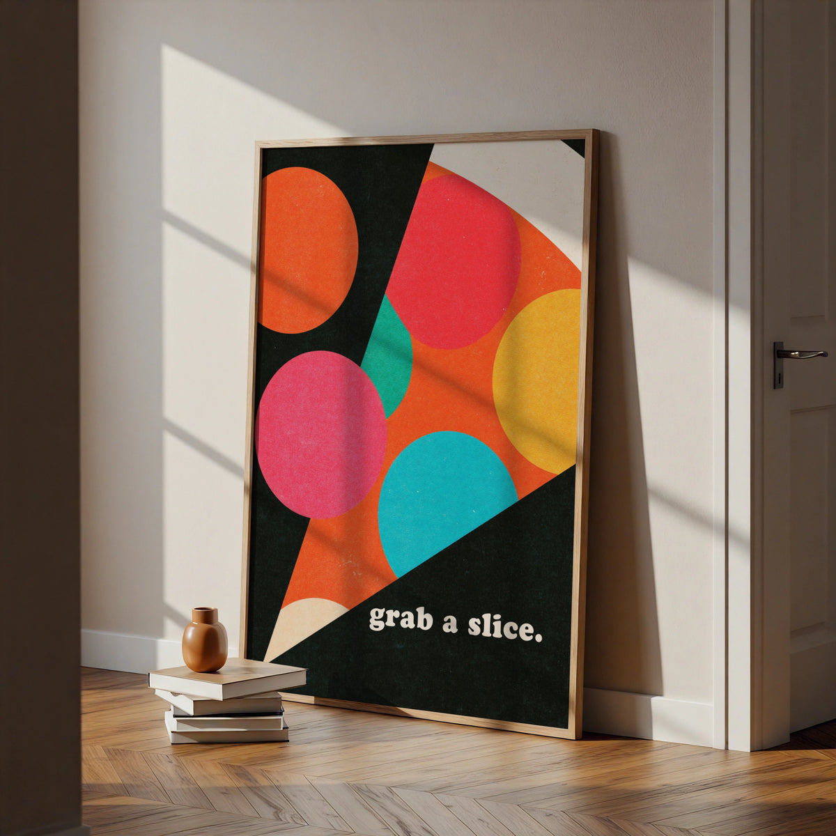 Pizza Slice Retro Wall Art, Colourful Food Poster, Bold Geometric Print for Kitchen