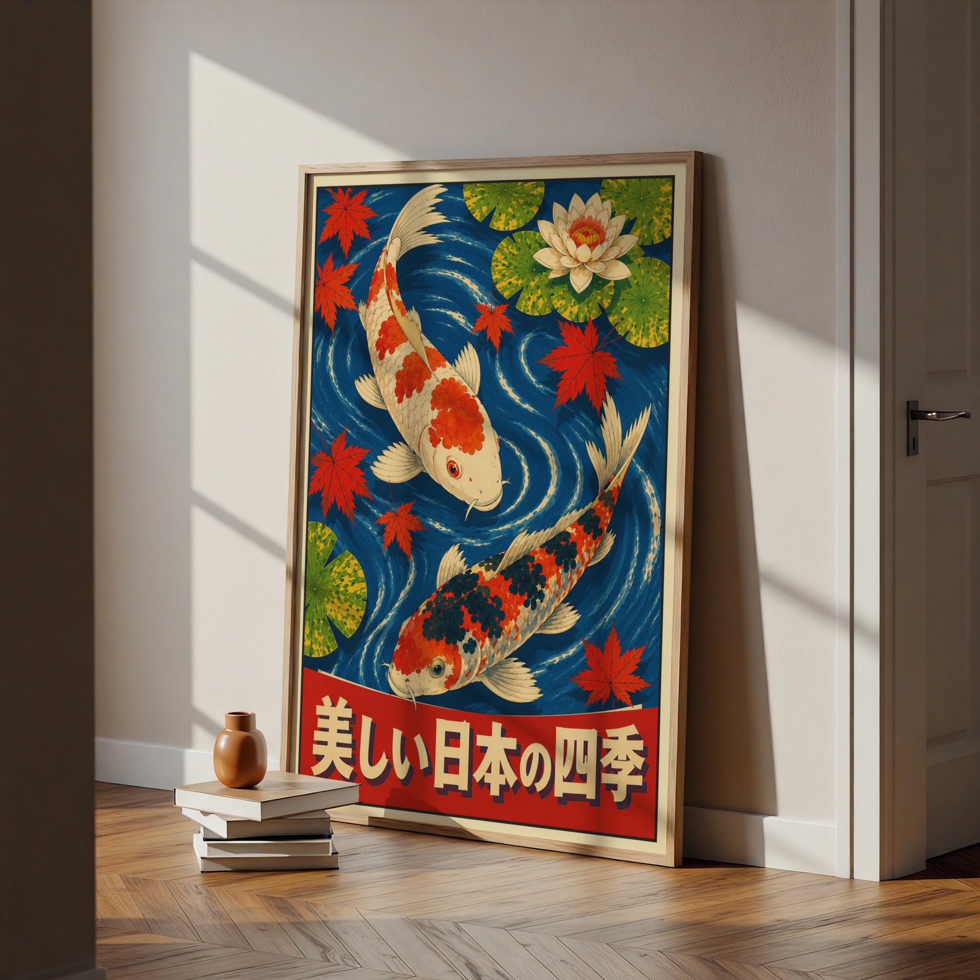 Koi Fish Japanese Poster, Four Seasons Wall Art, Lotus Flower, Maple Leaf Print
