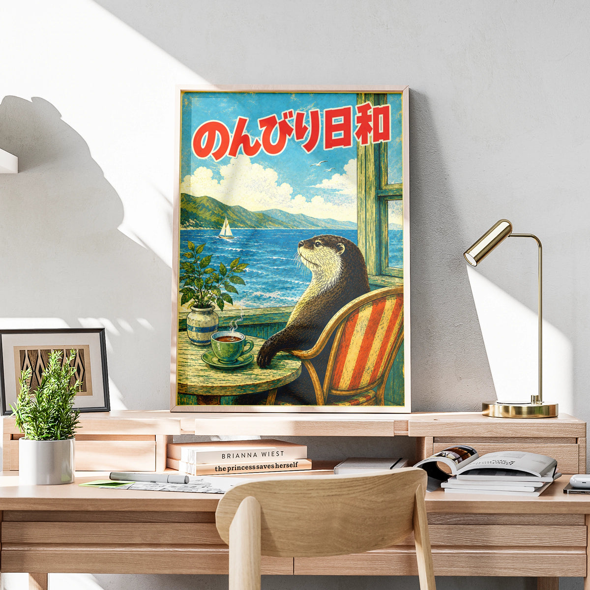 Japanese Otter Poster, Retro Japan Wall Art, Cute Otter Print, Vintage Cafe Sea View