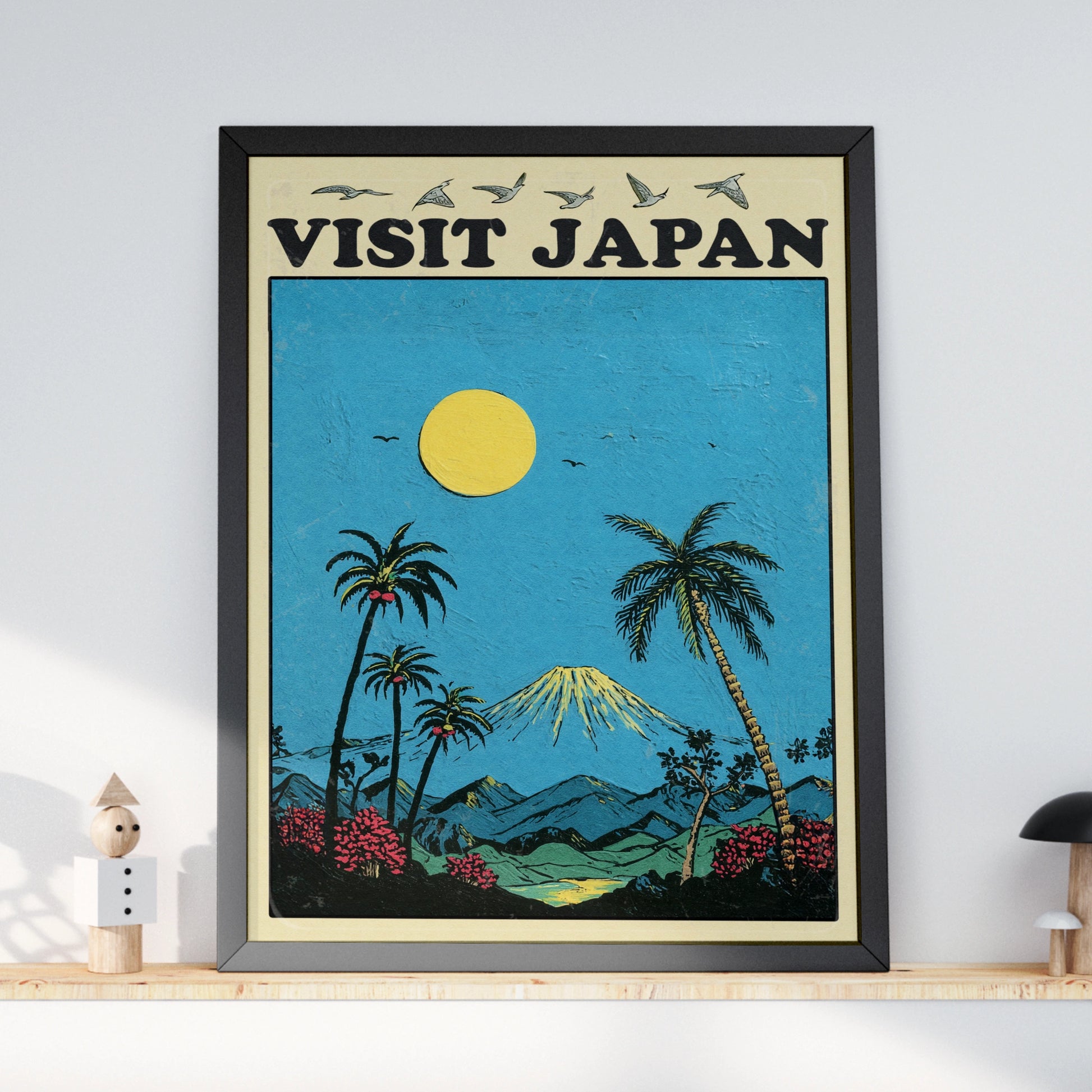 Visit Japan Travel Poster, Mount Fuji Retro Wall Art, Vintage Japan Print, Tropical Blue