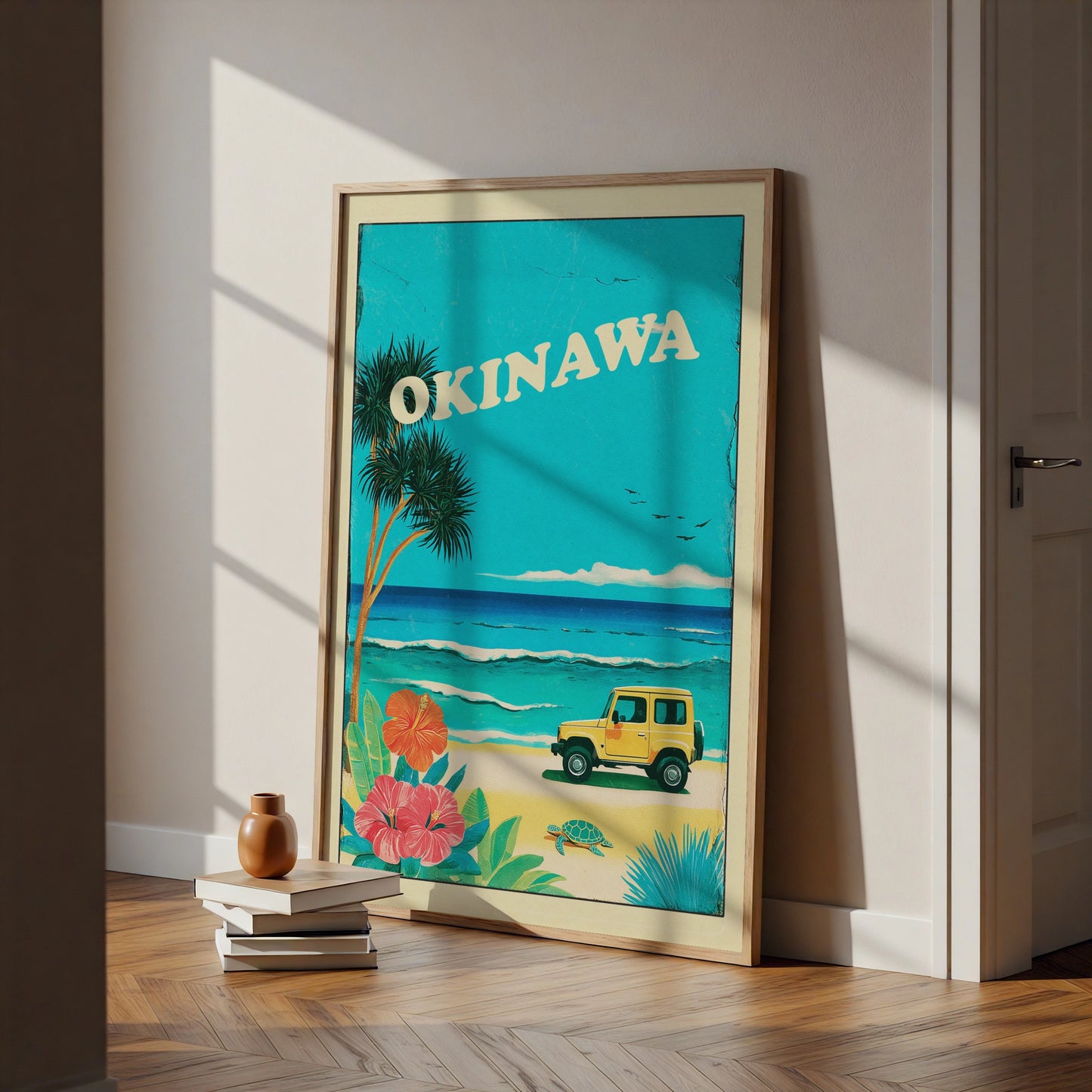 Okinawa Retro Travel Poster, Japan Beach Print, Vintage Tropical Wall Art, Jeep