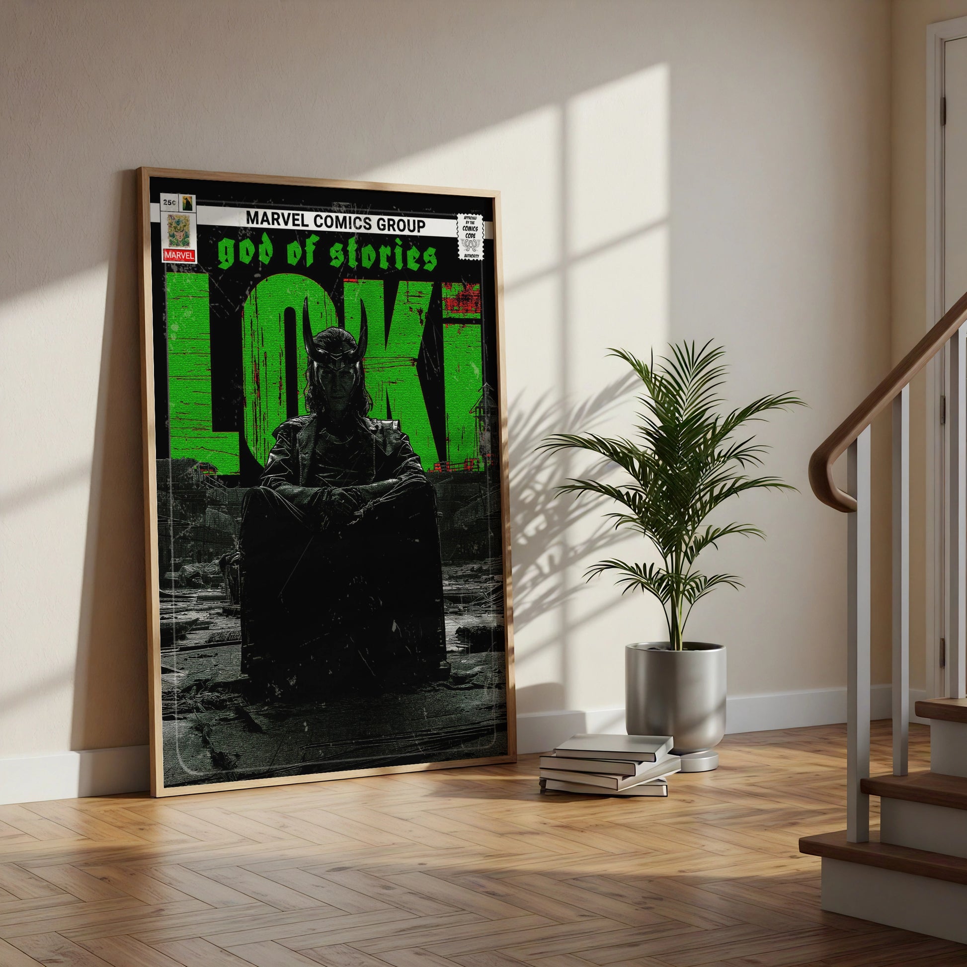 Loki God of Stories Poster, Marvel Comic Book Print, Green Black Wall Art