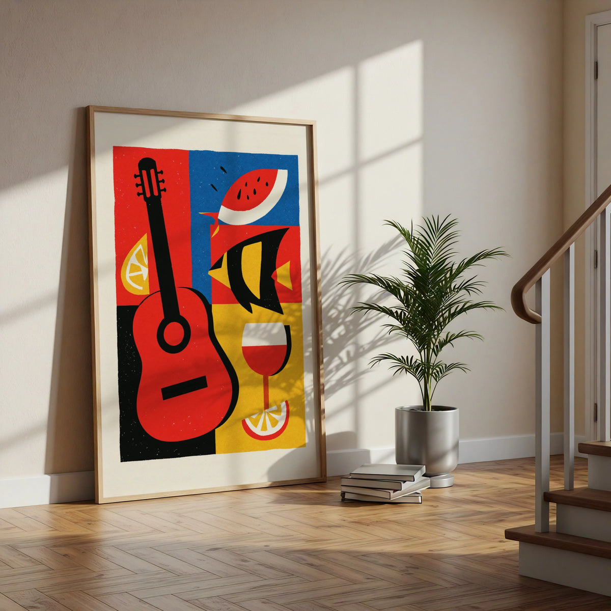 Spanish Tapas Retro Poster, Guitar Wine Fish Art Print, Bold Colour Kitchen Wall Decor