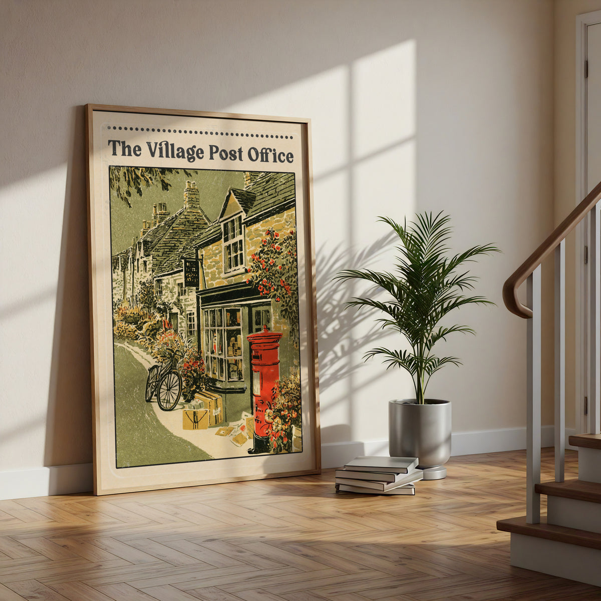 Village Post Office Vintage British Print, Red Postbox Wall Art, Retro English Countryside Poster
