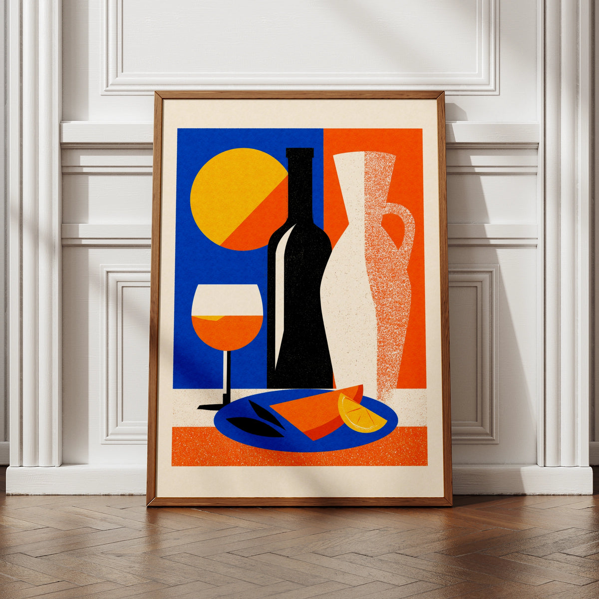Mediterranean Still Life Poster, Wine Bottle Art Print, Bold Geometric Kitchen Wall Decor
