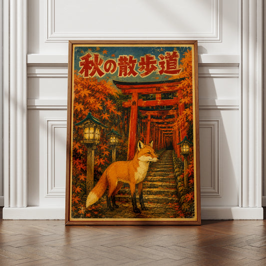 Japanese Fox Poster, Torii Gate Autumn Art, Vintage Japan Wall Decor, Kitsune Print