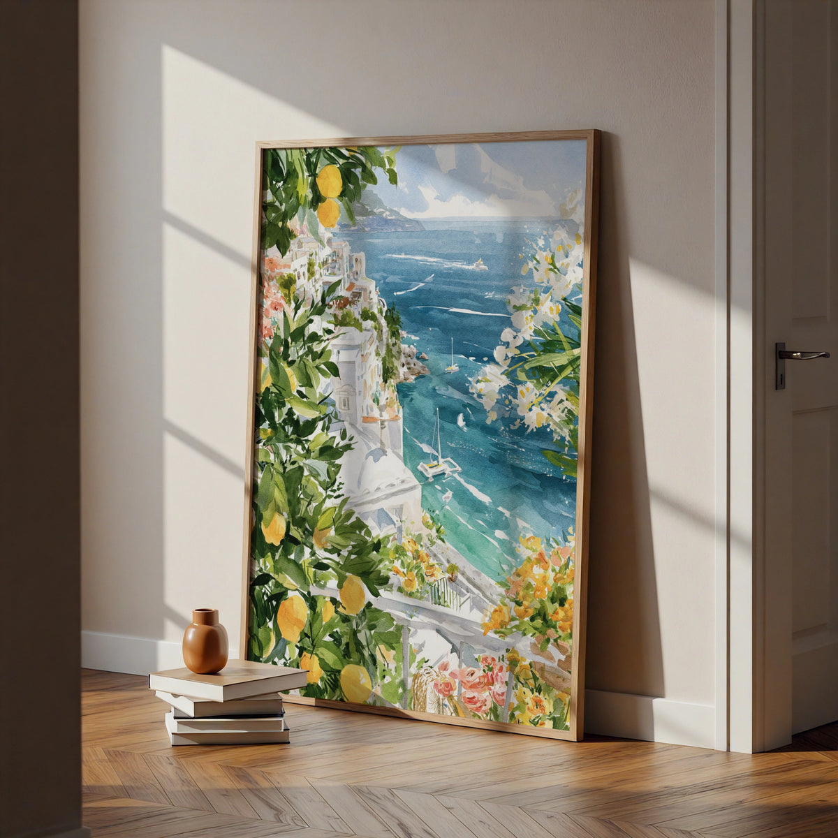Amalfi Coast Poster, Italy Watercolour Wall Art, Lemon Tree Print, Mediterranean Travel Decor