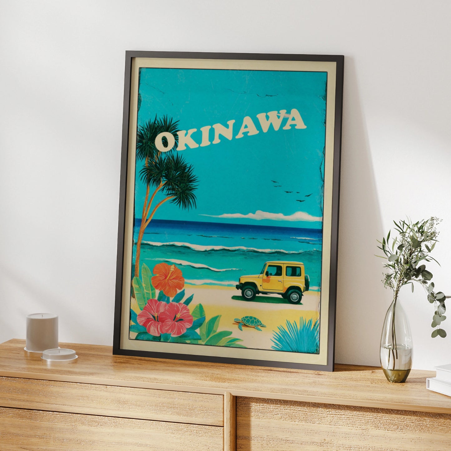 Okinawa Retro Travel Poster, Japan Beach Print, Vintage Tropical Wall Art, Jeep