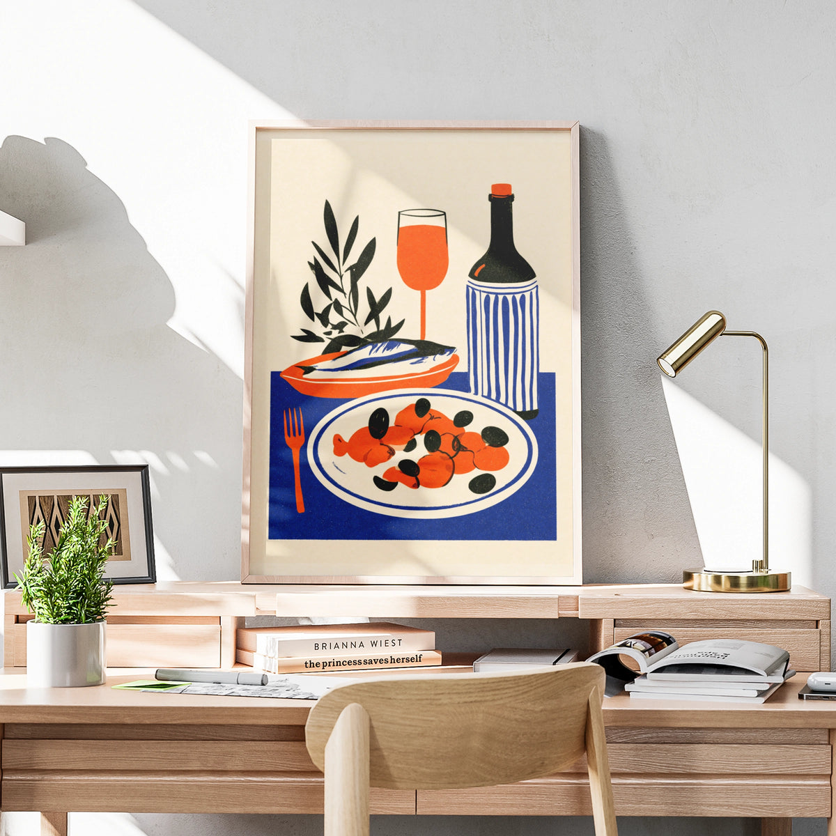 Mediterranean Food Poster, Kitchen Wall Art Print, Olive Fish Wine Illustration