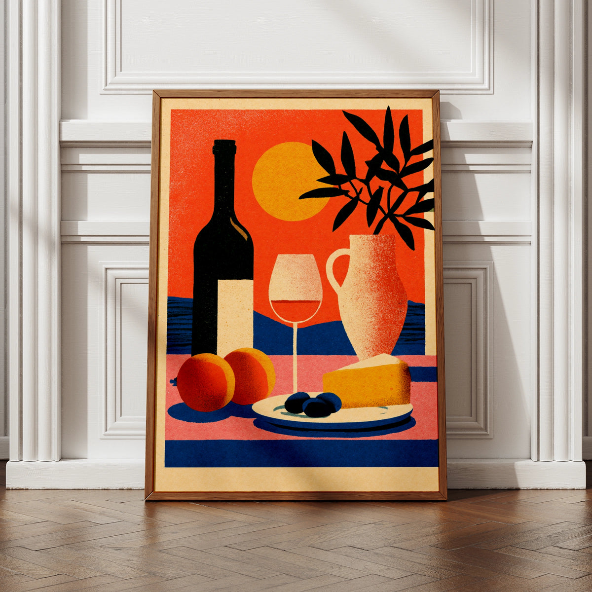 Mediterranean Still Life Wine Poster, Kitchen Wall Art, Cheese Olives Sun Print