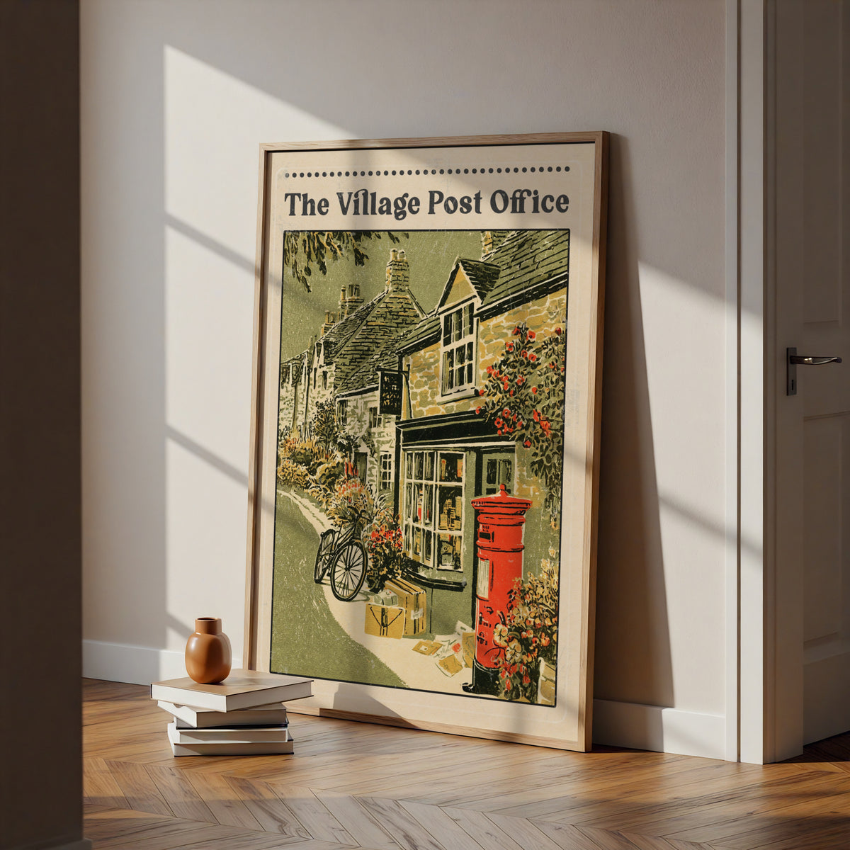 Village Post Office Vintage British Print, Red Postbox Wall Art, Retro English Countryside Poster