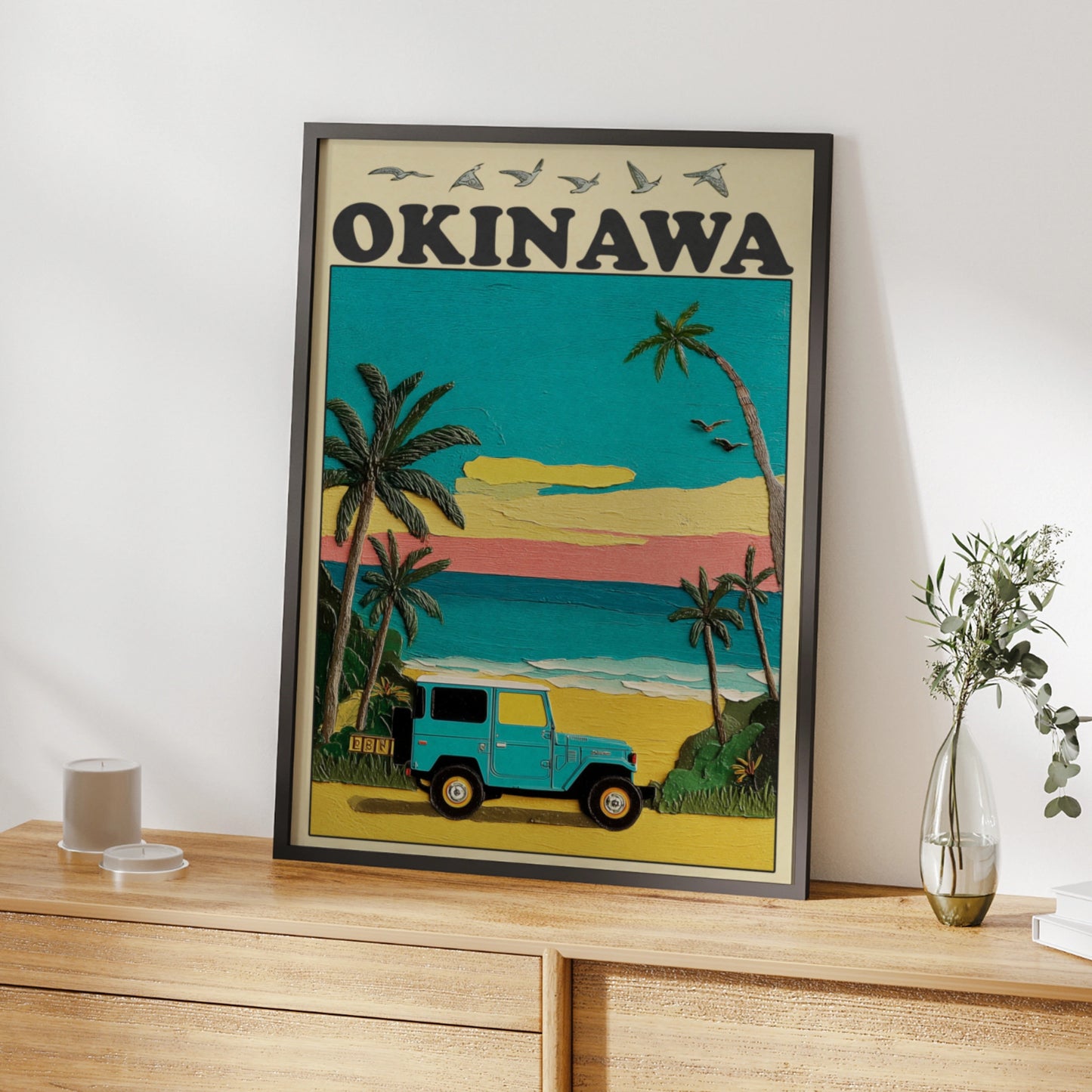 Okinawa Travel Poster, Japan Beach Print, Retro Jeep Wall Art, Vintage Tropical