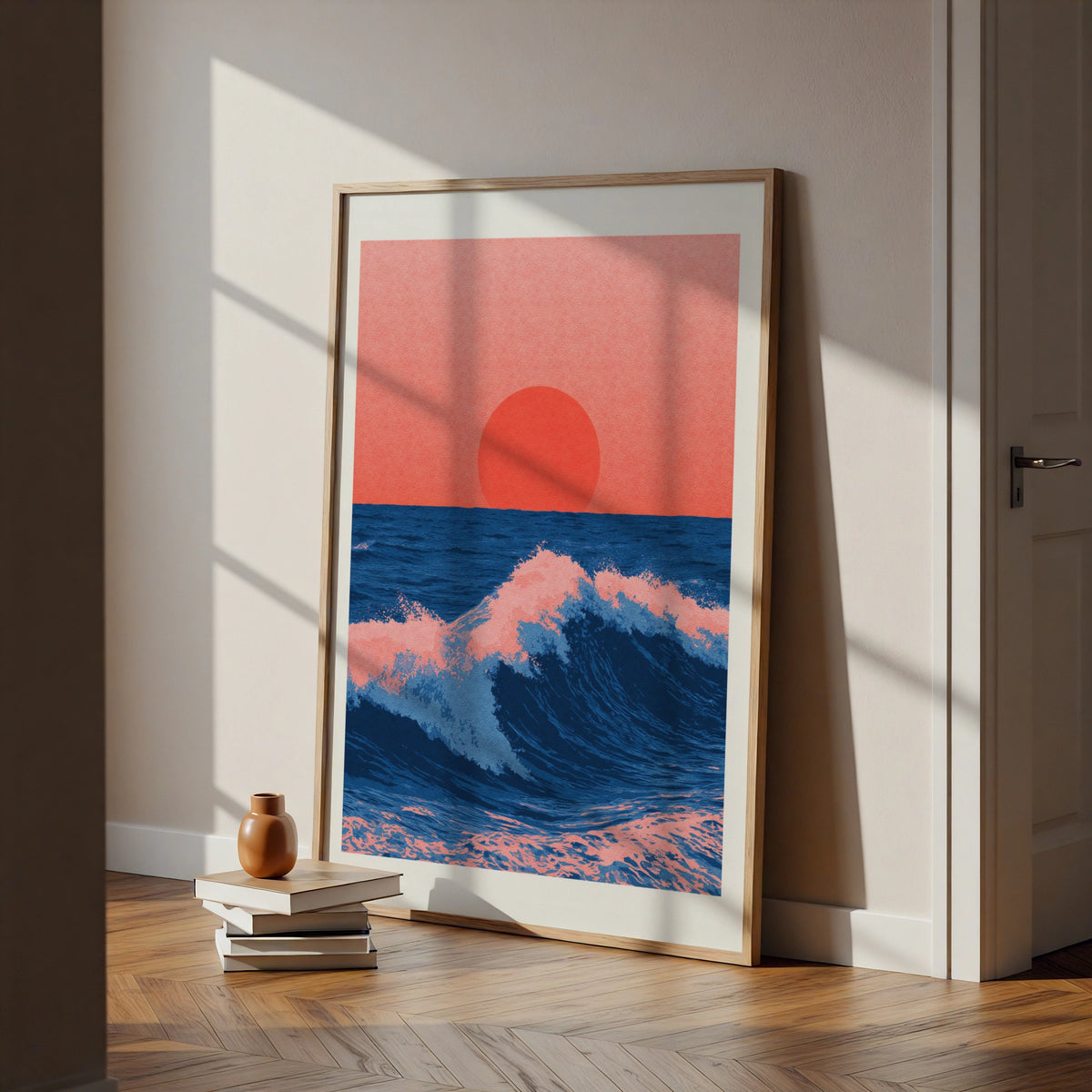 Japanese Sunset Ocean Wave Poster, Coral Pink Navy Blue Sea Wall Art Print