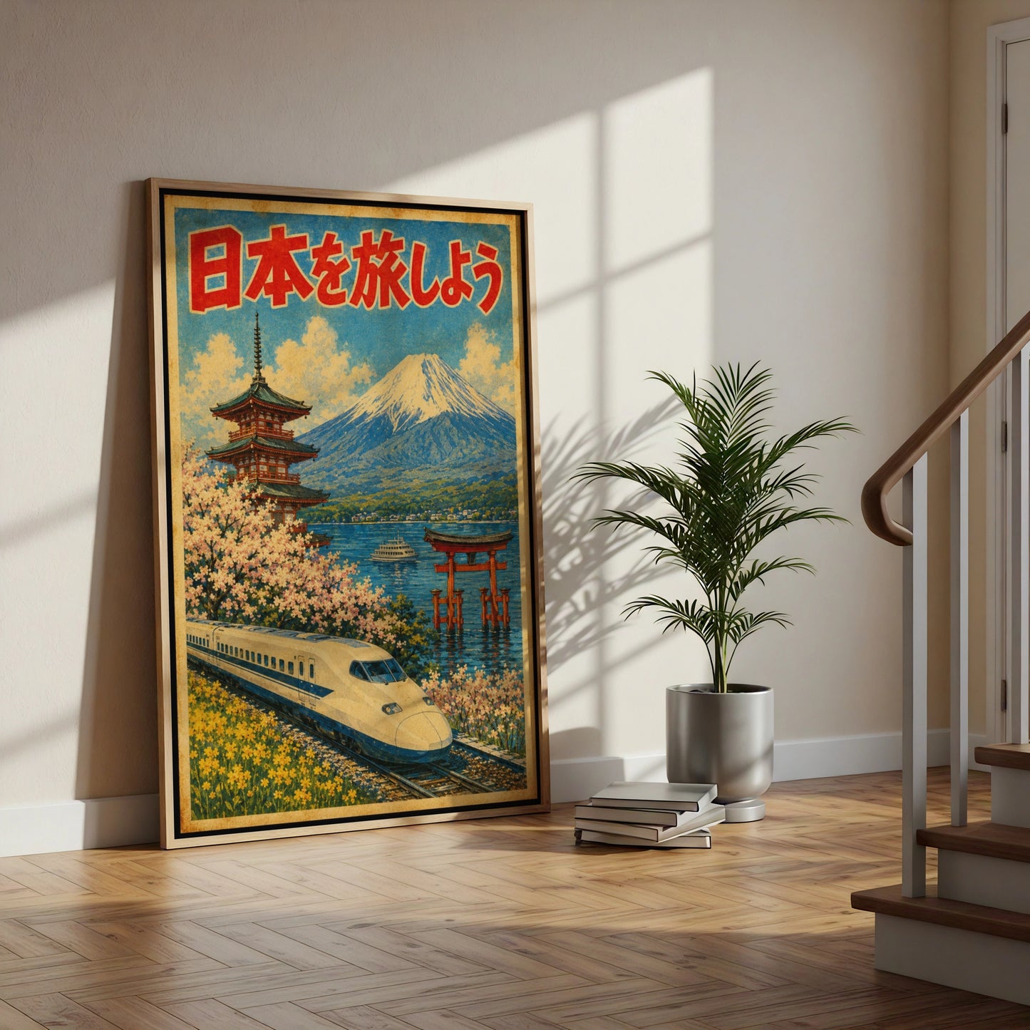 Japan Travel Poster, Vintage Shinkansen Mount Fuji Cherry Blossom Wall Art Print