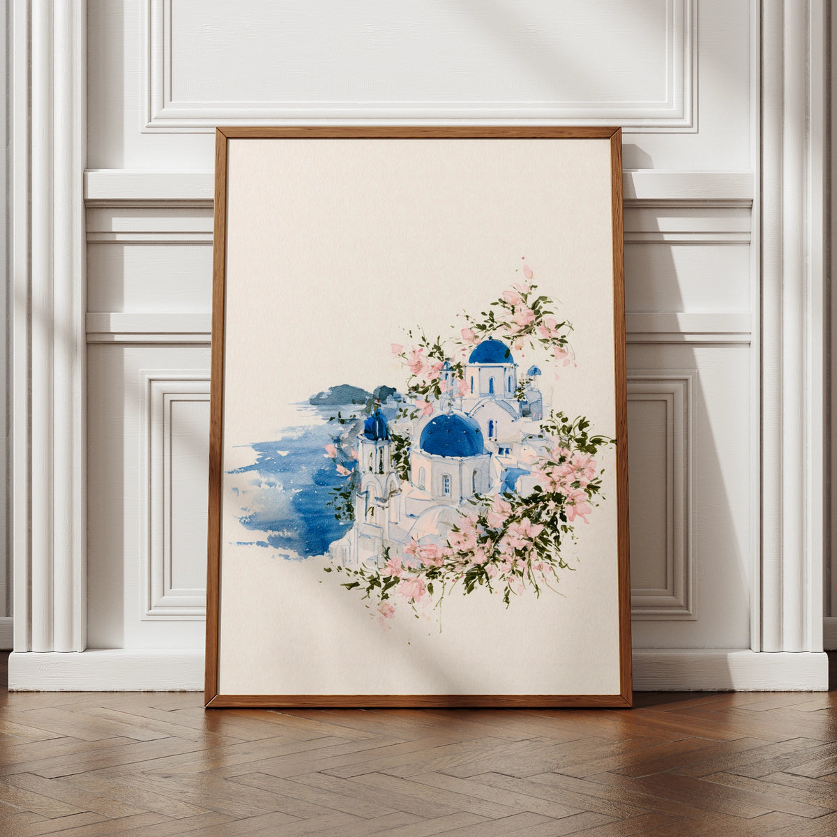 Santorini Watercolour Print, Greek Island Blue Dome Church Floral Wall Art Poster