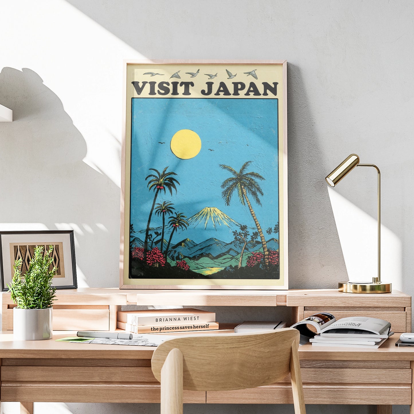 Visit Japan Travel Poster, Mount Fuji Retro Wall Art, Vintage Japan Print, Tropical Blue