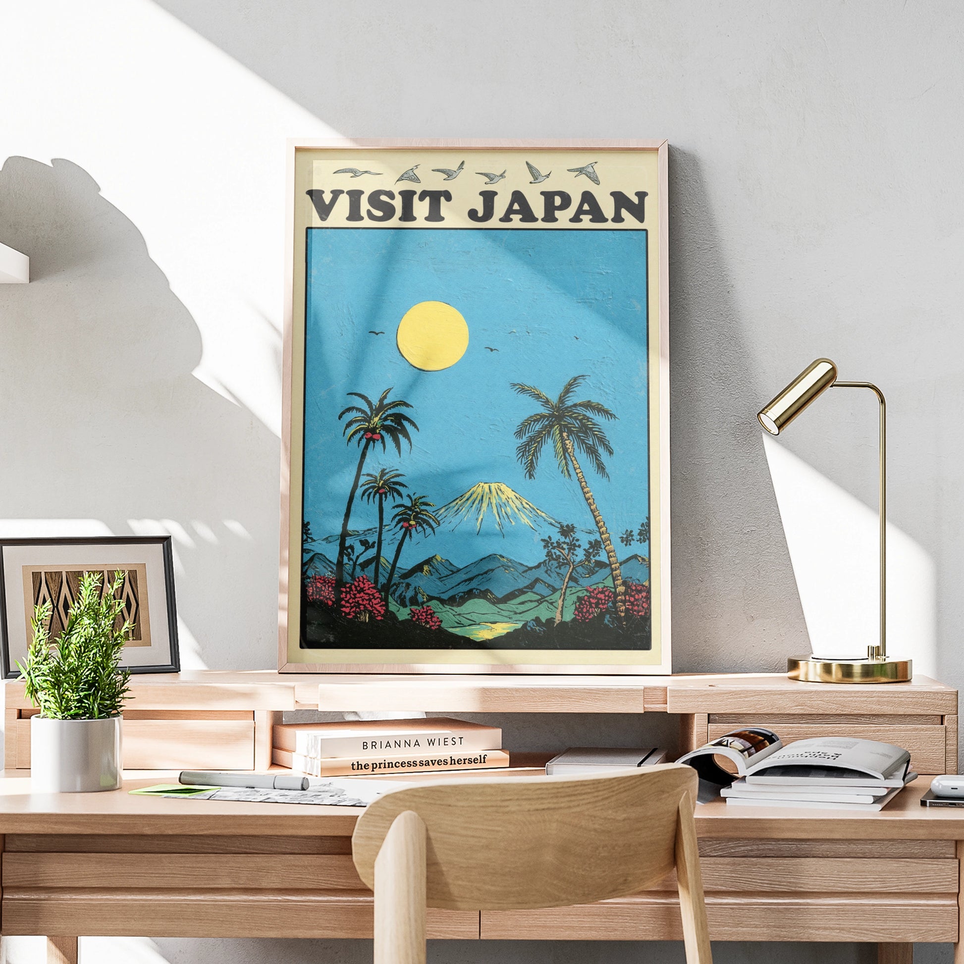 Visit Japan Travel Poster, Mount Fuji Retro Wall Art, Vintage Japan Print, Tropical Blue