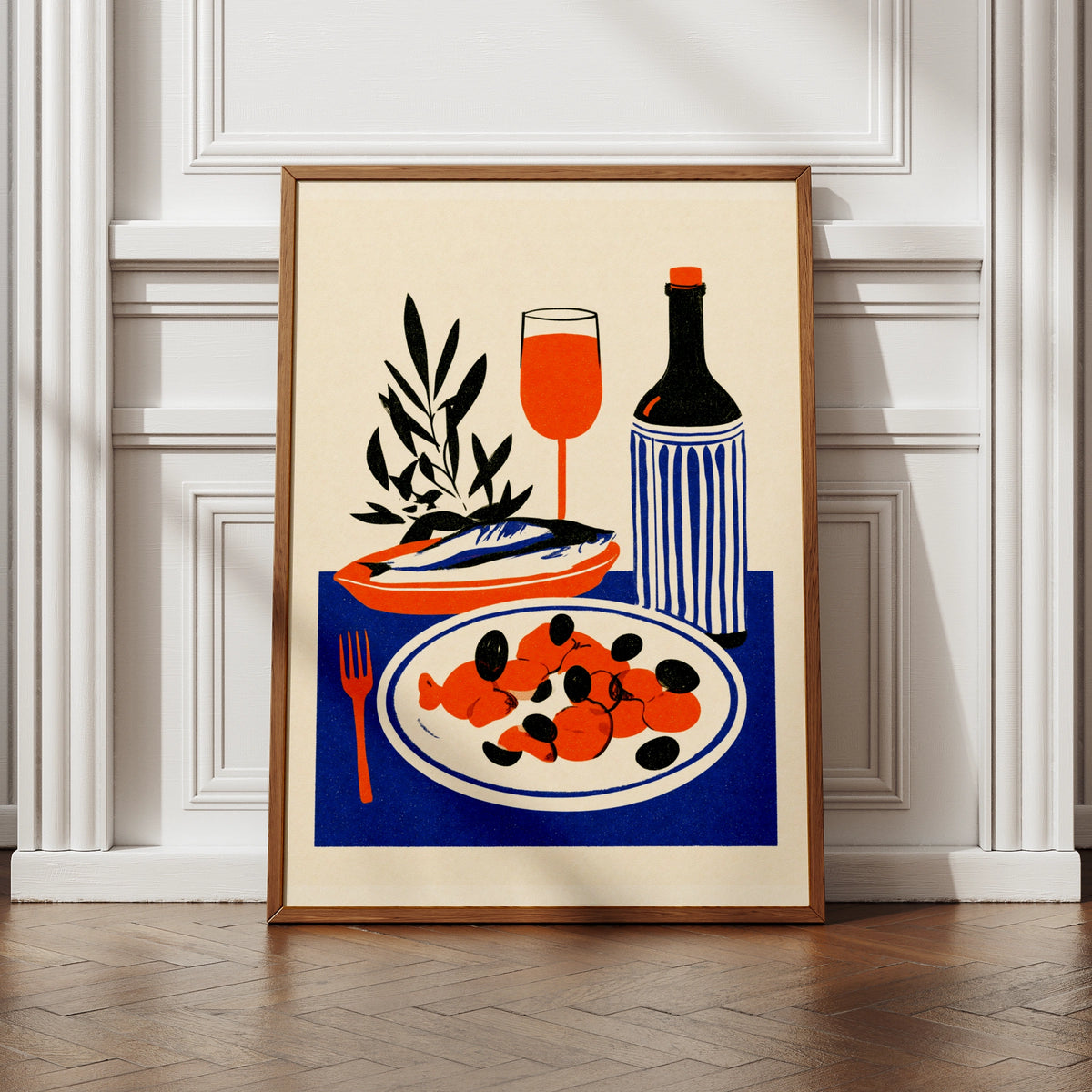 Mediterranean Food Poster, Kitchen Wall Art Print, Olive Fish Wine Illustration