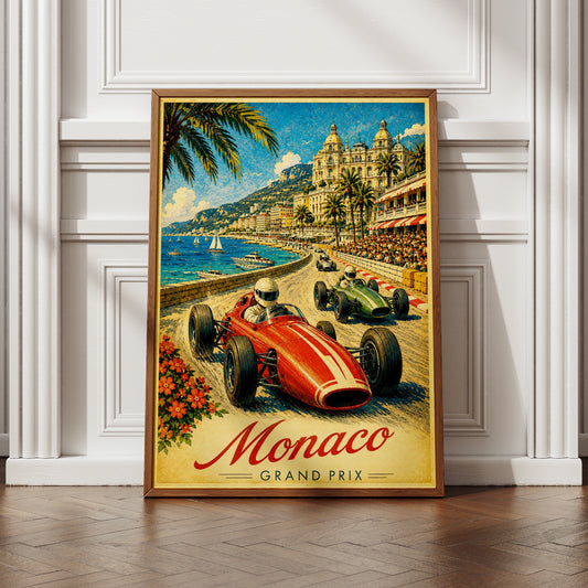 Monaco Grand Prix Vintage F1 Racing Poster, Retro Formula One Wall Art Print