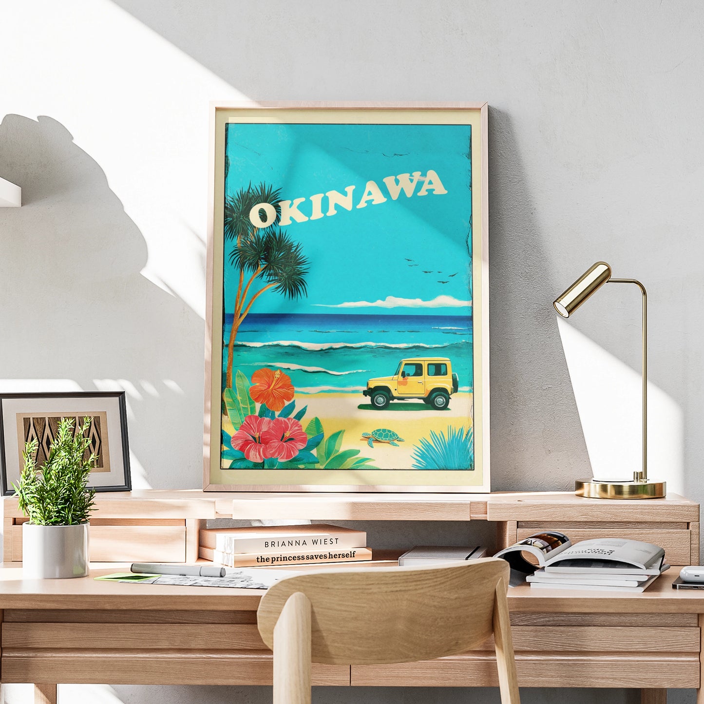 Okinawa Retro Travel Poster, Japan Beach Print, Vintage Tropical Wall Art, Jeep