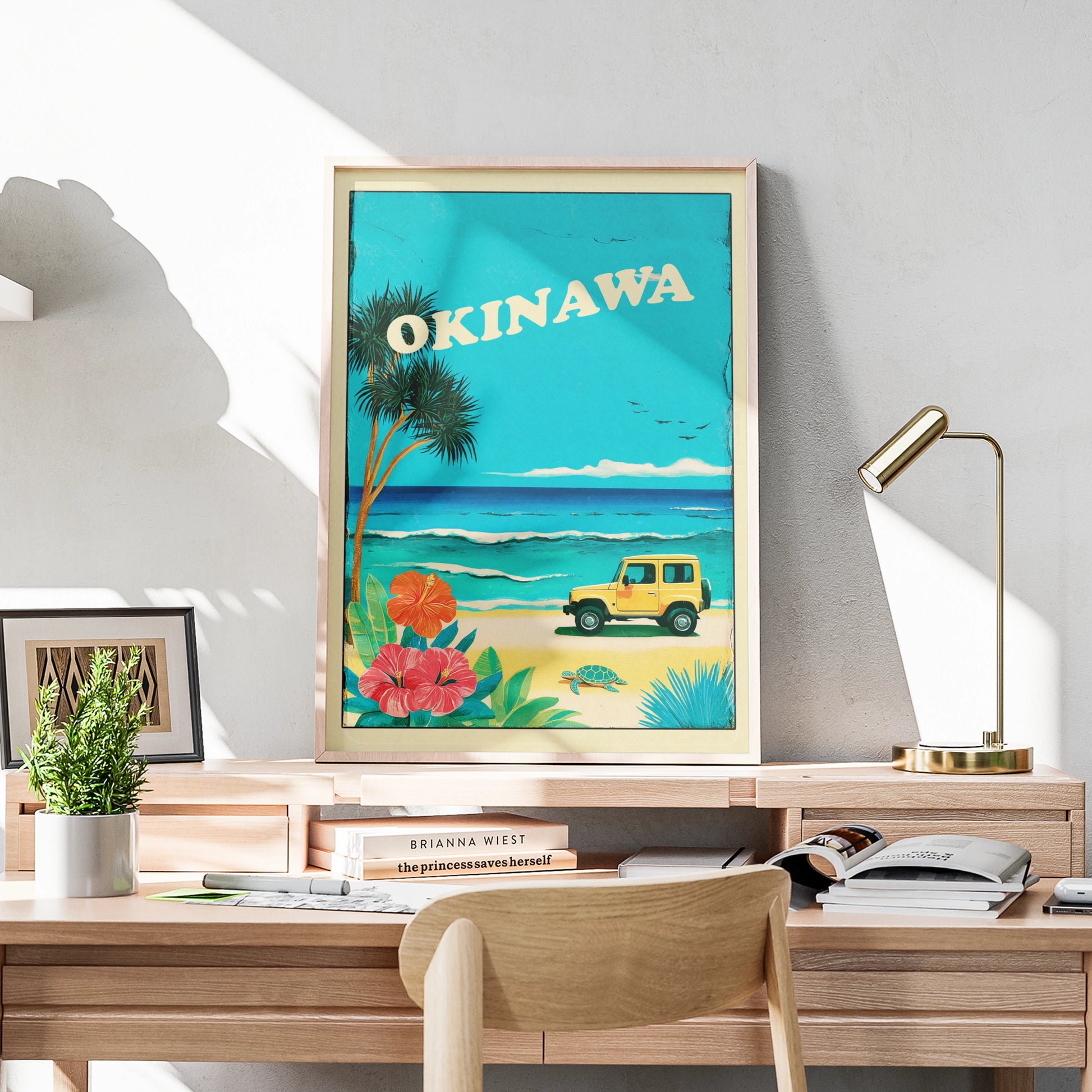 Okinawa Retro Travel Poster, Japan Beach Print, Vintage Tropical Wall Art, Jeep
