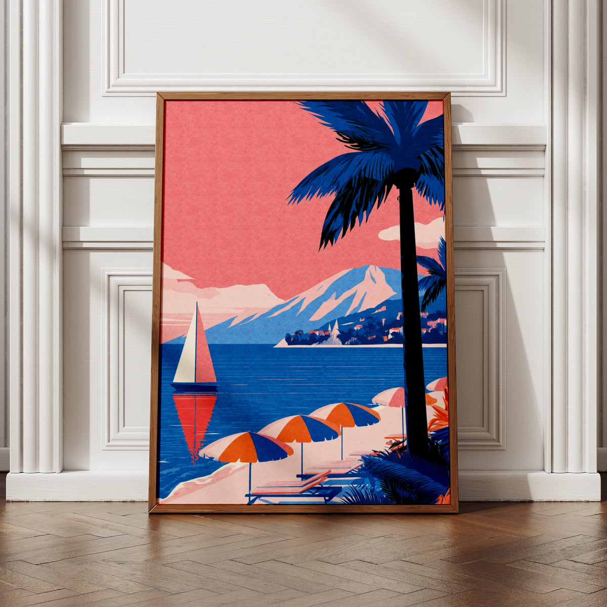 French Riviera Travel Poster, Vintage Beach Print, Cote d'Azur Wall Art, Pink Blue