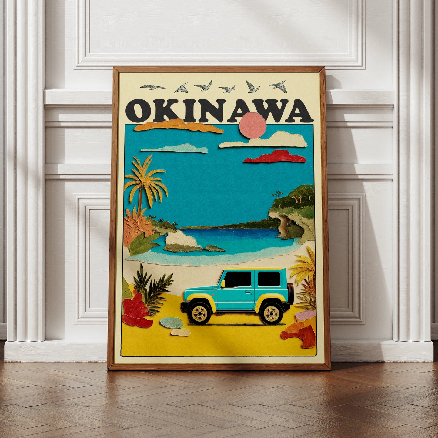 Okinawa Travel Poster, Japan Beach Wall Art, Retro Jeep Print, Tropical Island Decor