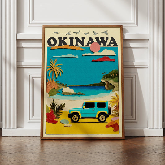 Okinawa Travel Poster, Japan Beach Wall Art, Retro Jeep Print, Tropical Island Decor