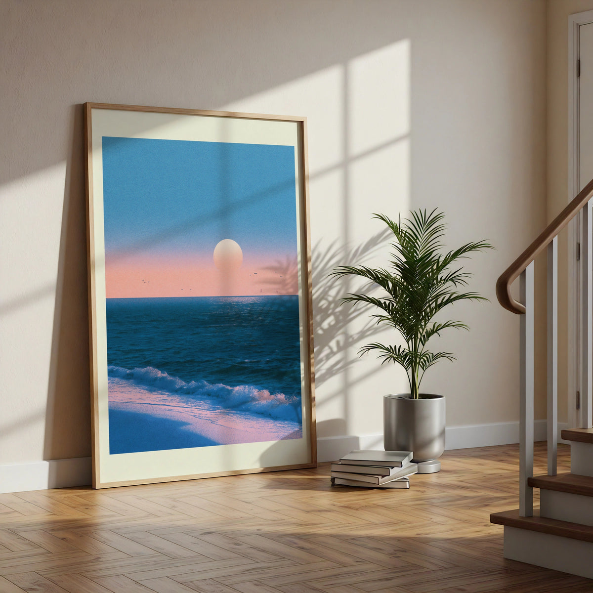 Japanese Sunset Ocean Poster, Pink Blue Seascape Wall Art, Coastal Sun Print
