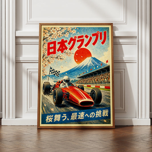 F1 Japan Grand Prix Vintage Poster, Retro Racing Wall Art, Mount Fuji Cherry Blossom Print