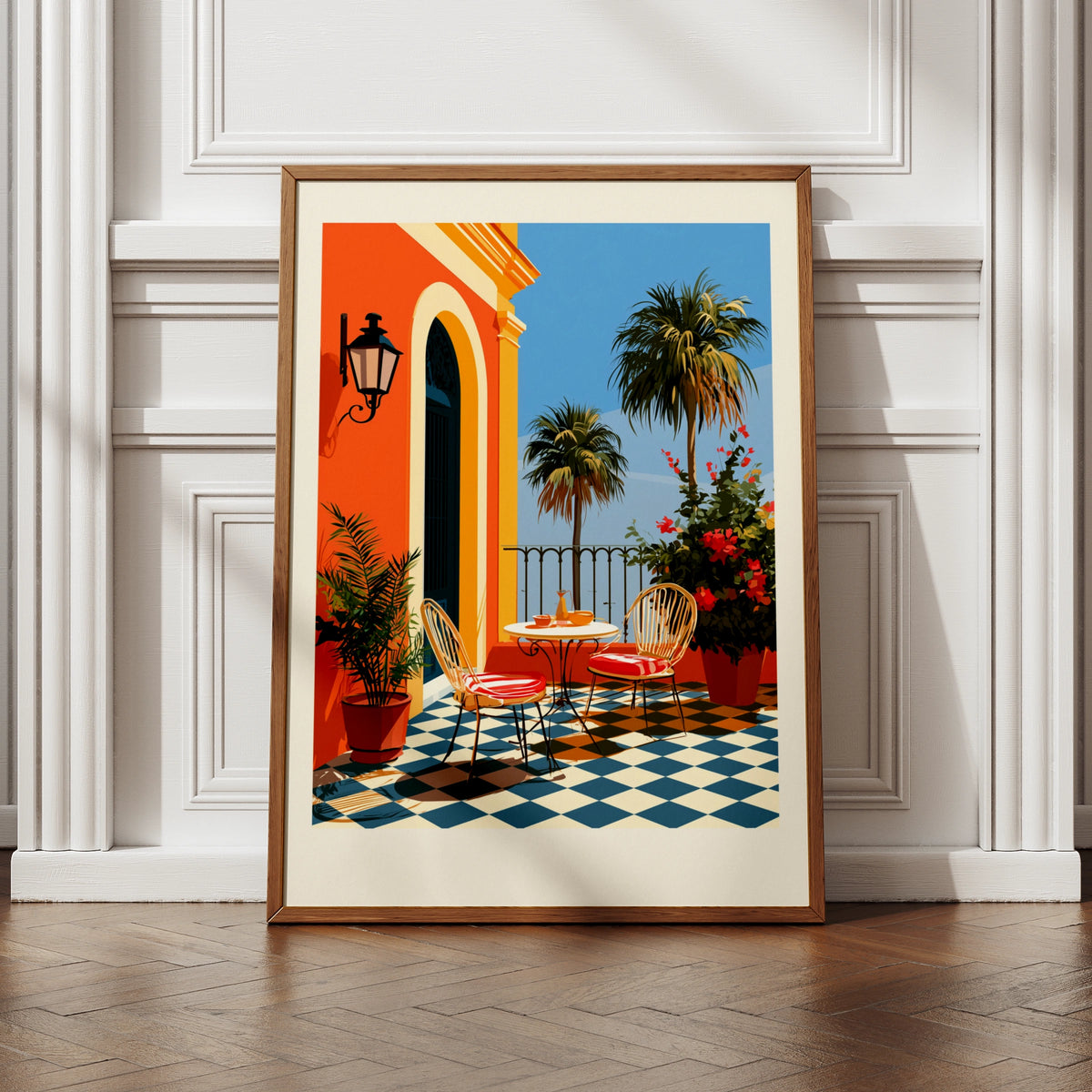 Spanish Terrace Poster, Colourful Mediterranean Wall Art, Retro Travel Print