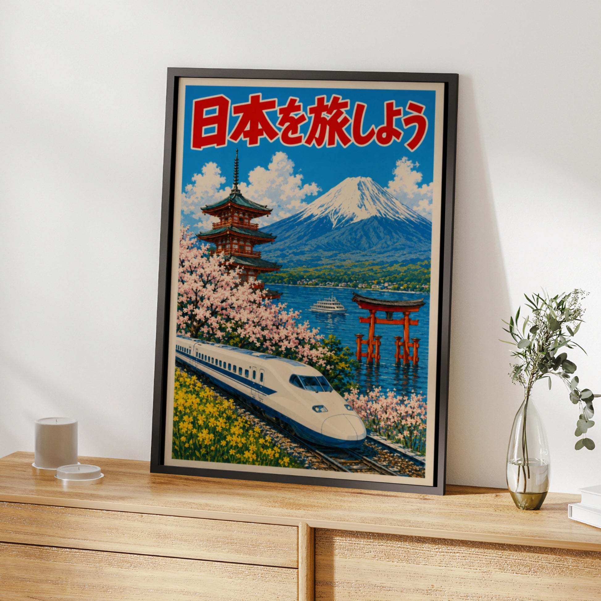 Travel Japan Poster, Mount Fuji Shinkansen Print, Japanese Wall Art, Torii Gate Cherry Blossom